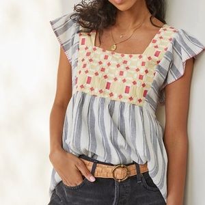 anthropologie geometric embroidered striped boho peasant top yellow gray coral